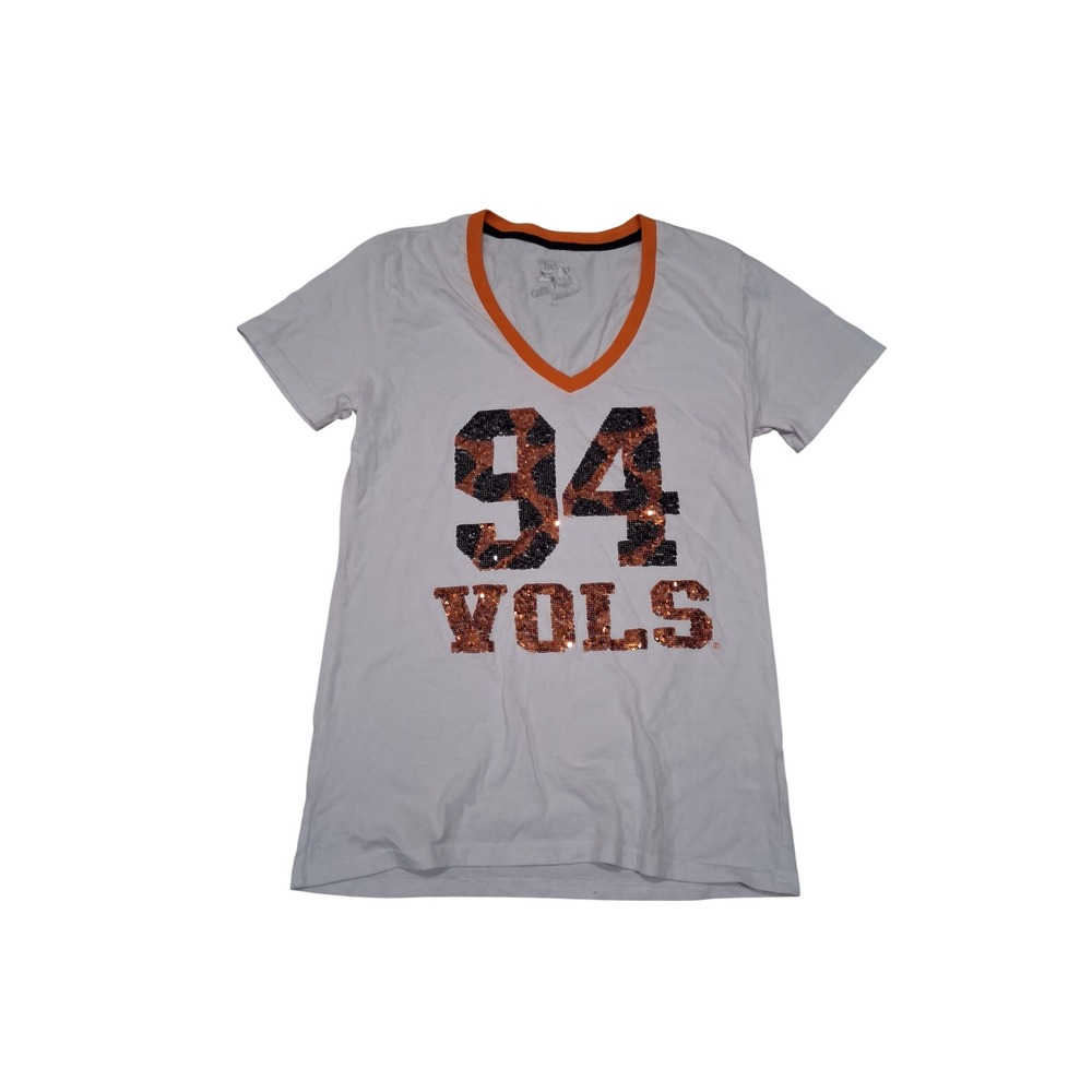 E5 College Classics Women Tennessee Vols 94 Sequin‎ Leopard V-Neck T-Shirt Large